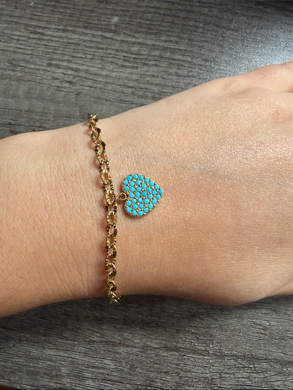 Gold plated stainless steel blue rhinestone heart charm bracelet